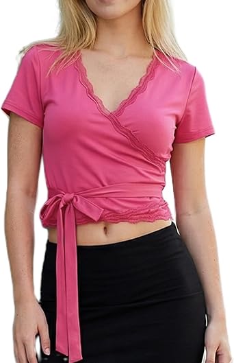 Ballet Wrap Top for Women Short Sleeve Lace Trim Workout Yoga Wrap Tie Shirt Slim Fit Deep V Neck Coquette Tops