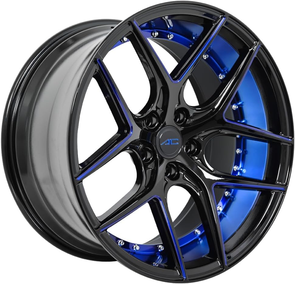 AC Wheels Divino 20 Inch Staggered Rims Set of 4 - Gloss Black Blue Milled Concave Wheels for Sedans, Coupes, SUVs