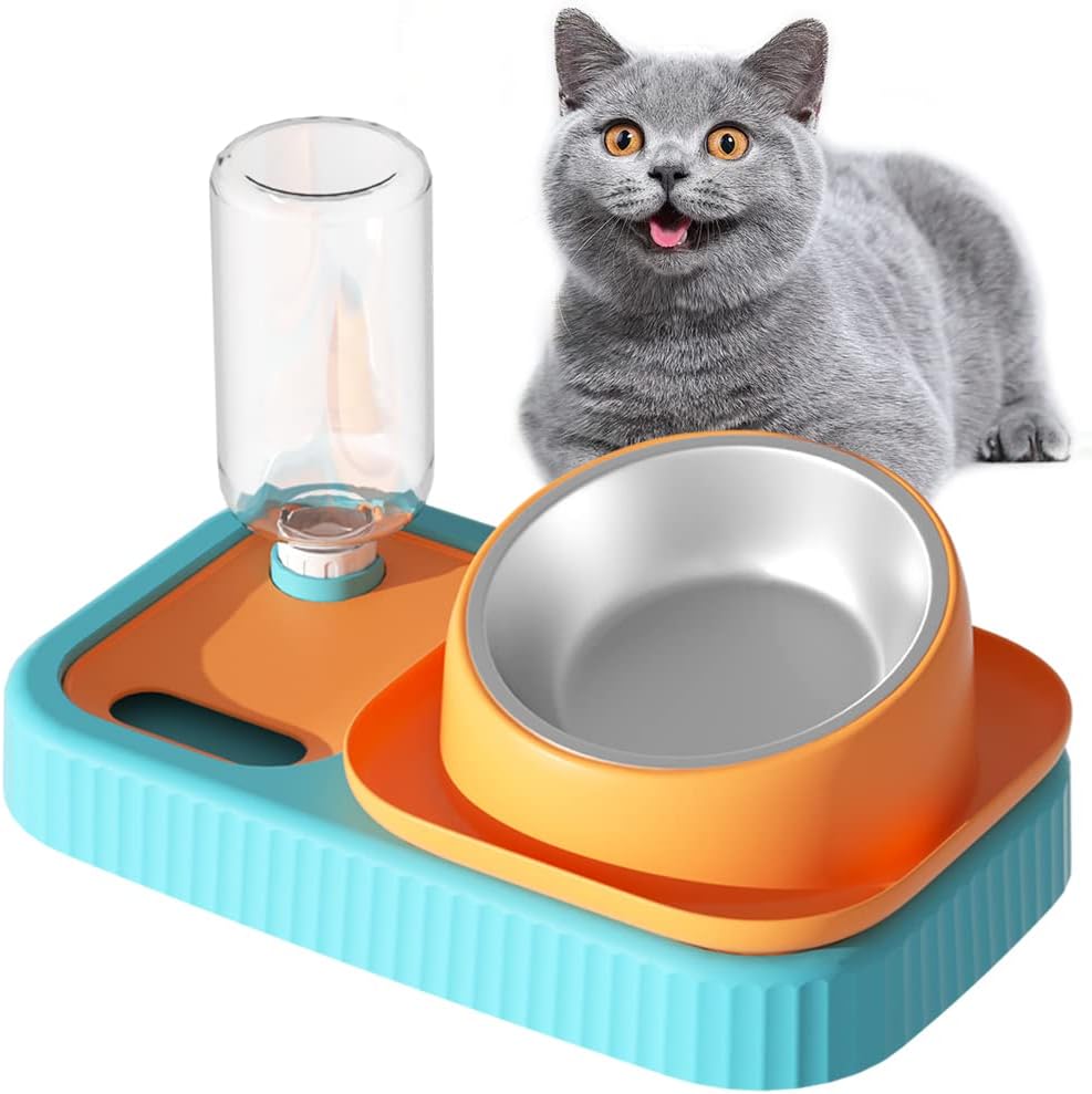 Comedero Perros y Gatos Cuenco - Mascotas Comedero 3 en 1 Comederos Tazón de Alimentación con Bebedero Automático Antiasfixia Comida Lenta Se Puede Utilizar para Gatos y Cachorros (Naranja Azul)