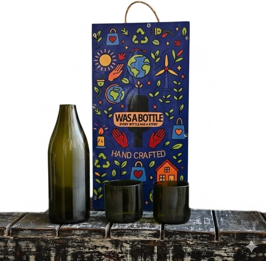Handcrafted Repurposed Wine Bottle Gift Set, Frosted Glass Carafe with 4 Glasses, 700ml Carafe and 8oz Glasses, Wooden Box