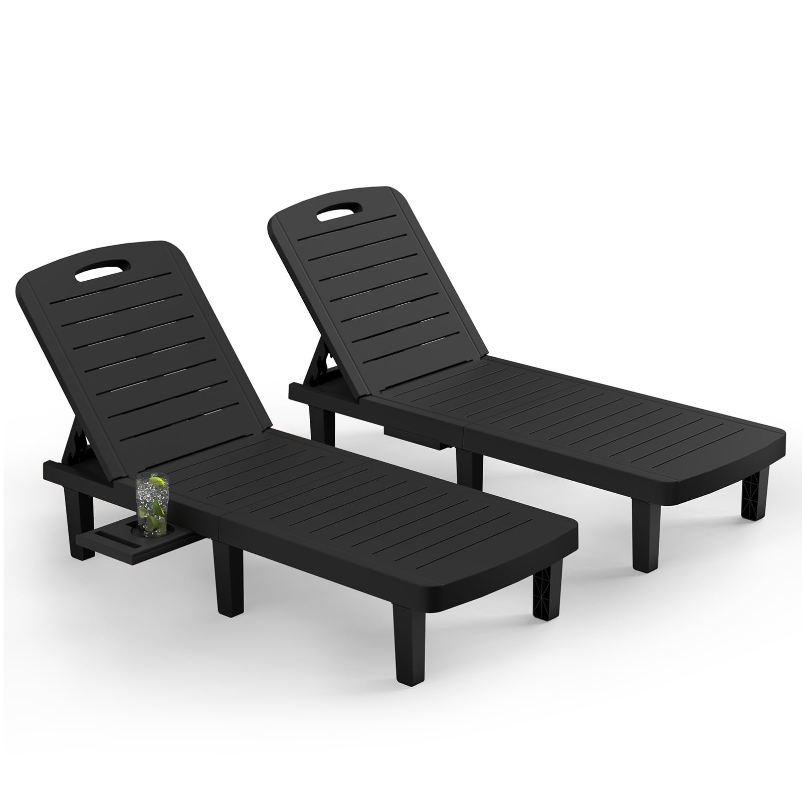Oversized Outdoor Chaise Lounge Chairs Set of 2, Pool Lounge Chair with Adjustable Backrest, Patio Chaise Lounge with Cup Holder, Resin Chair for Poolside, Beach, Garden and Yard - Black