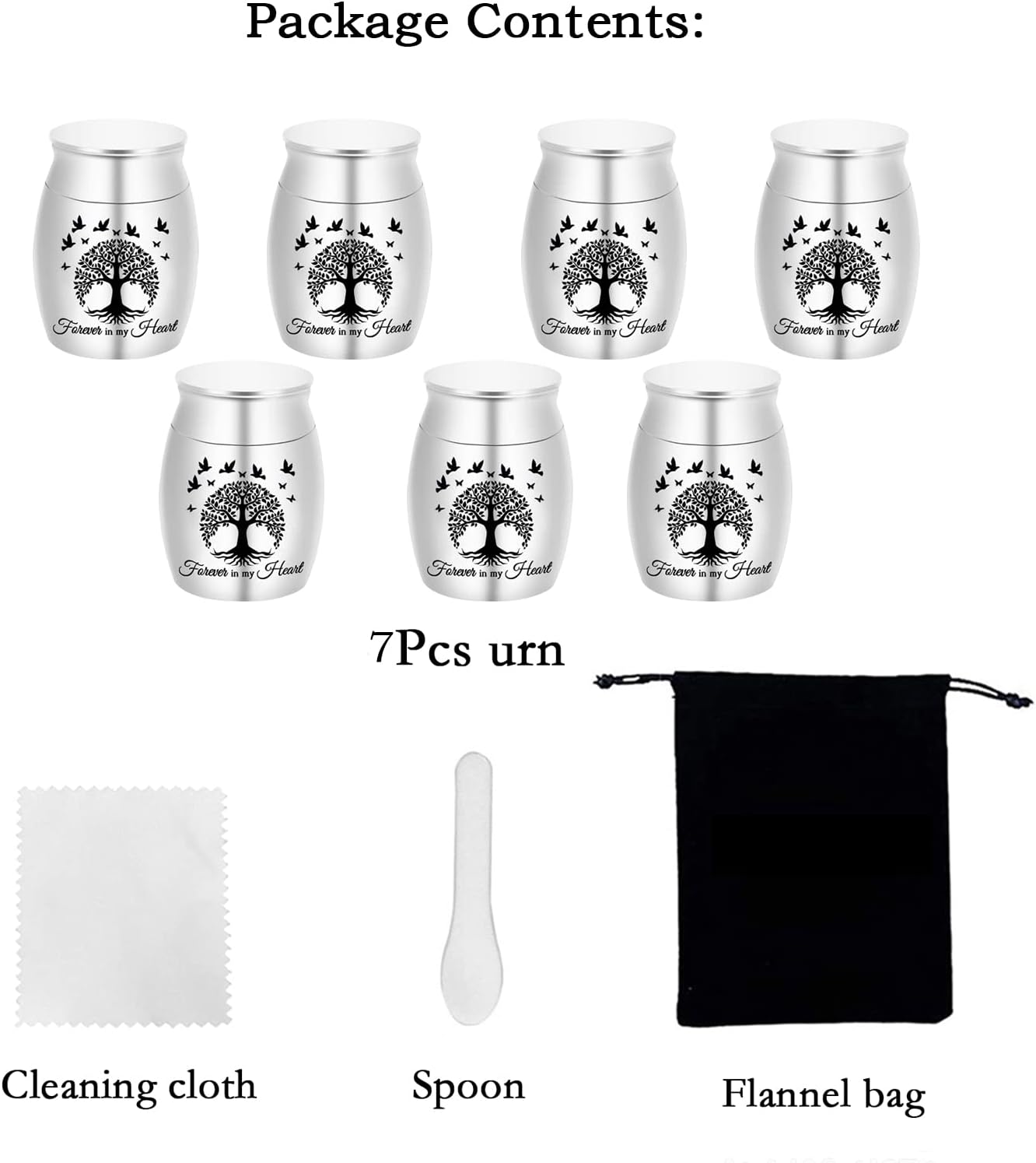 Tree of Life Mini Set of 7 Stainless Steel Memorial Ashes Holders - Small Keepsake Urns for Human Ashes - Perfect for Funeral - Forever in my heart (Silver-7pcs)