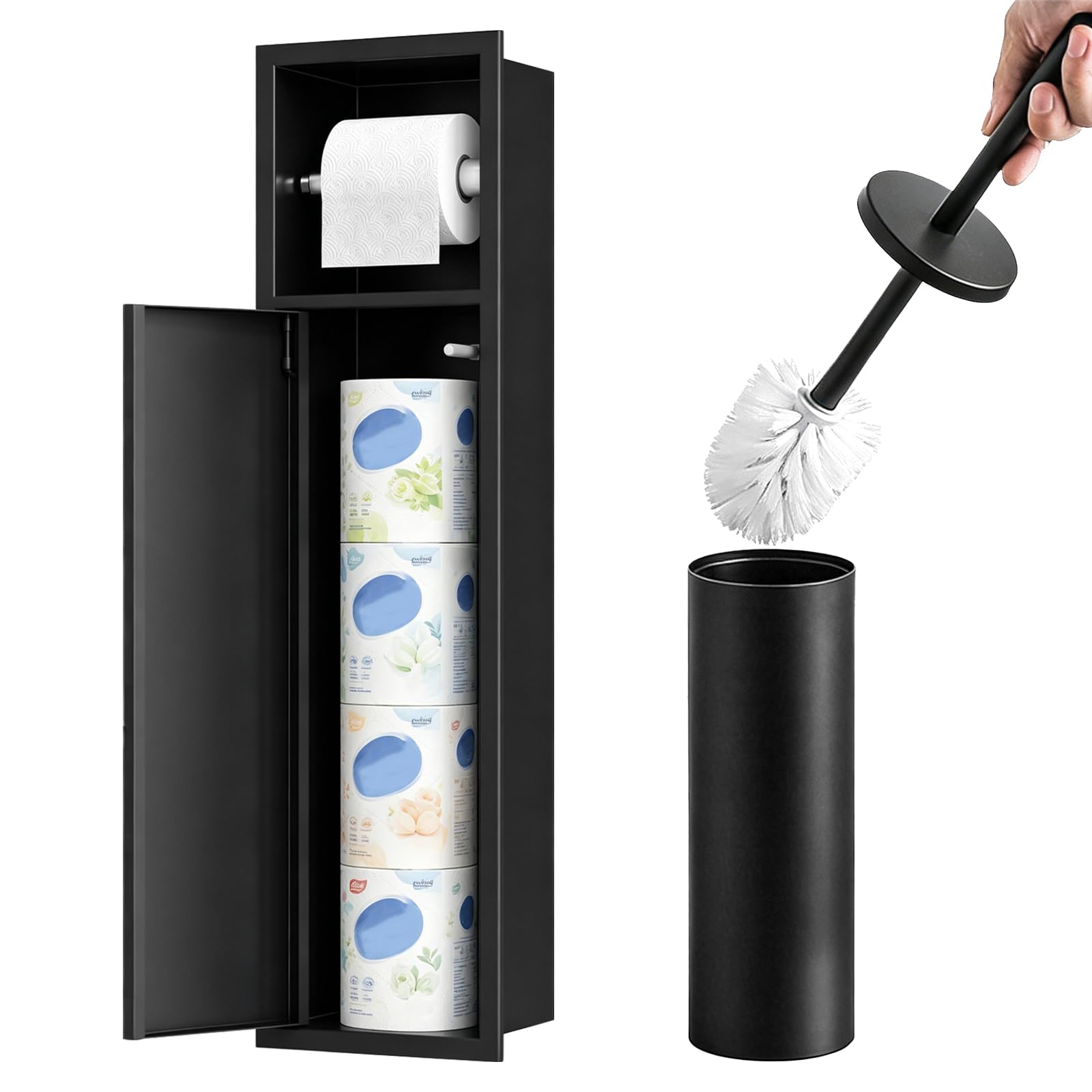 Portarrollos De Papel HigiéNico Empotrado, Unidad Almacenamiento De Papel HigiéNico De Acero Inoxidable Negro con Puerta Corredera Portarrollos con Juego De Escobilla Accesorios De BañO 66x18x15 Cm