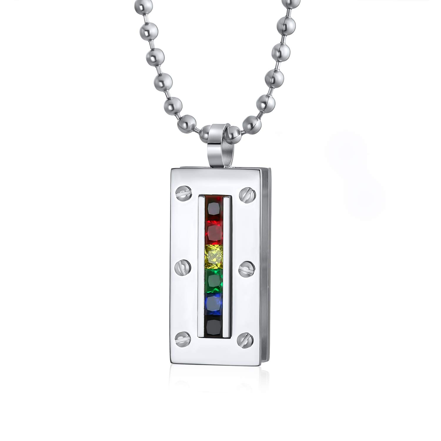 Bling Jewelry Personalizar Unisex Colorido Parejas Cz Rectangular Arco Iris LGBTQ Dog Tag Collar Colgante Hombres Mujeres Adolescentes Tono Plata Acero Inoxidable Personalizable
