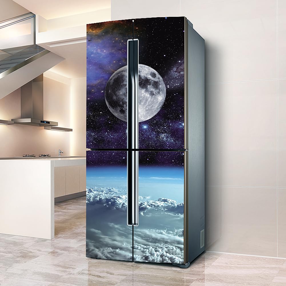 Fridge Stickers, Fridge Sticker Full Covering Door Covers Skins Wall Stickers for Kitchen Decal, Moon Space Starry Sky(L: 100x180 cm)