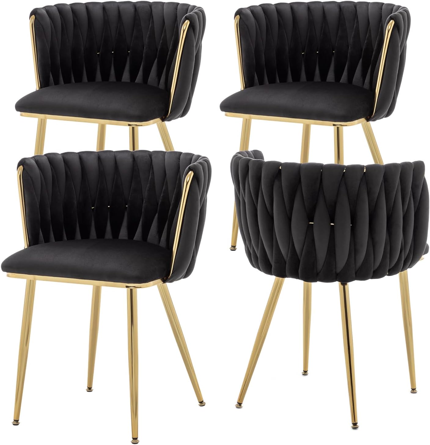 ECHINGLE Velvet Dining Chairs Set of 4, Modern Upholstered Woven Dining Chairs with Gold Metal Legs, Modern Accent Chairs for Dining Room, Vanity, Kitchen, Living Room(Black)