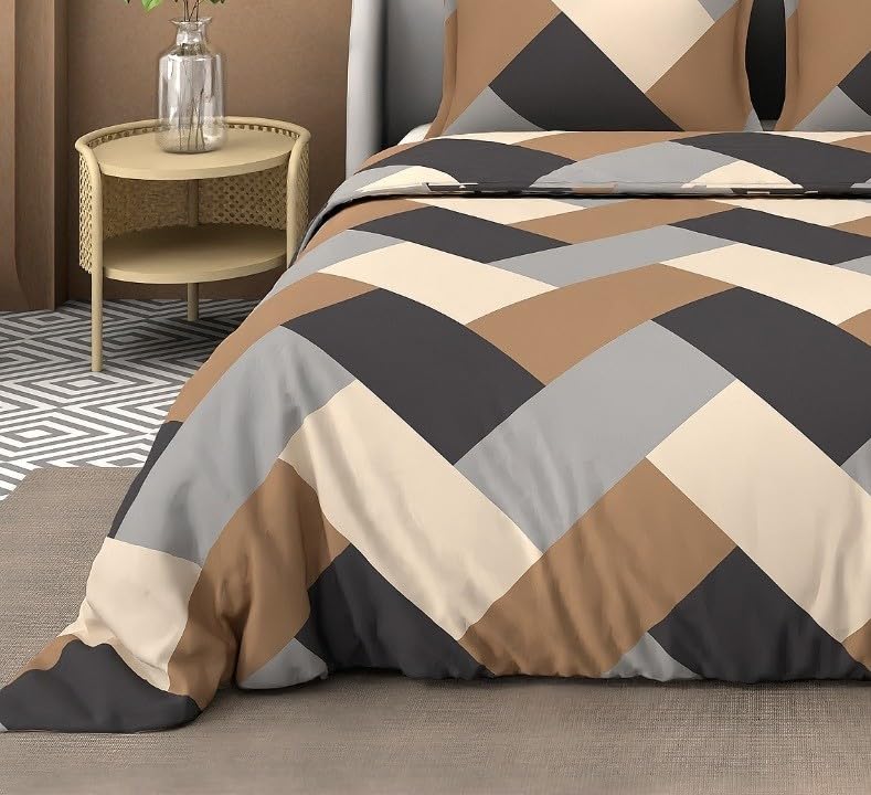 Image of DECOMIZER Super Soft Glace Cotton King Size AC Comforter || Blanket || Duvet with 1 King Size Elastic Fitted Bedsheet 72 inchX78 inch Inch and 2 Pillow Cover - 4 Piece Comforter Set - Beige Cross Grey