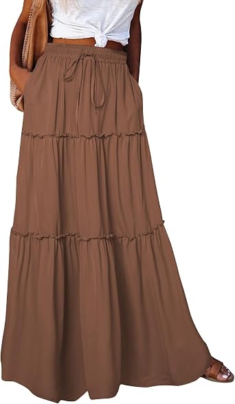 midelxp Pleated Long Skirts for Women Summer Casual Elastic High Waisted Skirts A-Line Flowy Swing Maxi Skirt with Pockets