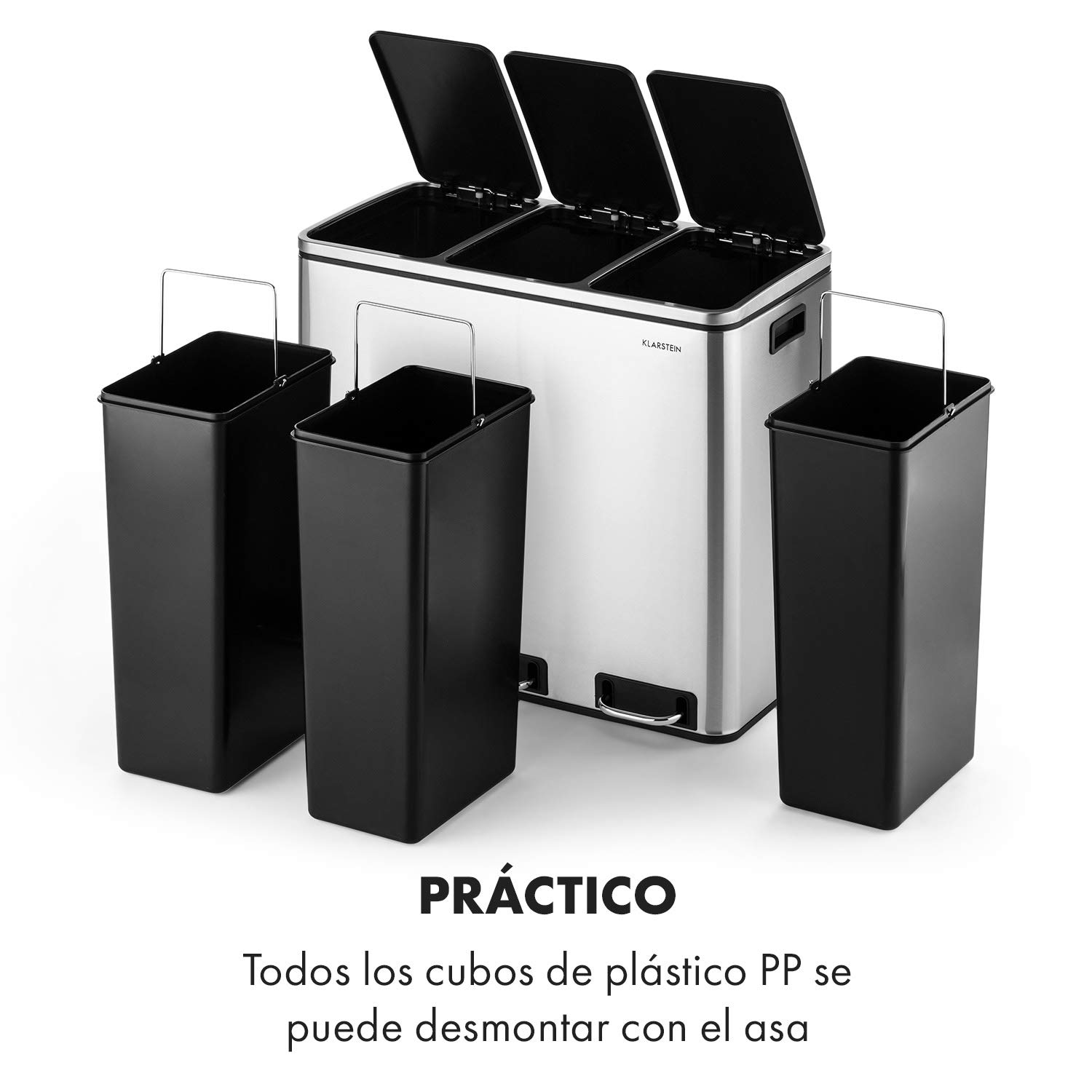 KLARSTEIN Grandmaster Trash Cubo con pedal, Separador de residuos 54 litros con 3 cubos de 18 litros, Reciclaje, PP/carcasa de acero inox, Asas, Acero inox cepillado/negro