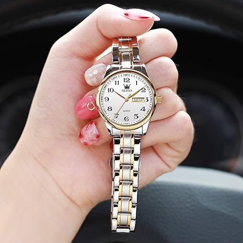 Miniatura 5 de OLEVS Relojes de lujo para mujer, reloj de mujer con día y fecha, reloj femenino para pulsera pequeña, relojes de acero inoxidable dorado