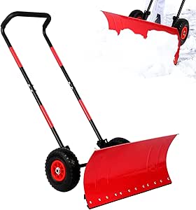 29" snow shovel with wider wheels,efficient snow removal tool,snow plow with adjustable handle and angled blade,snow pusher for doorway sidewalk,ergonomic double rod handle design with reflective tape