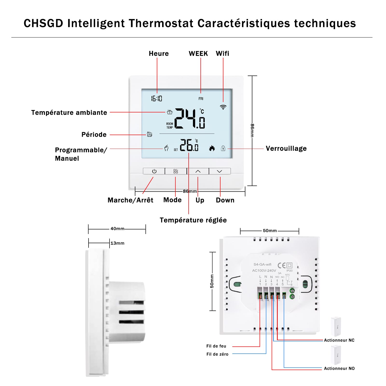 Thermostat Connecté WiFi pour Chauffage de Chaudière Programmable Thermostats d'Ambiance avec LCD Numérique Intelligent Tuya Thermostate de Chauffage à gaz pour Alexa,Google Home,3A Blanc