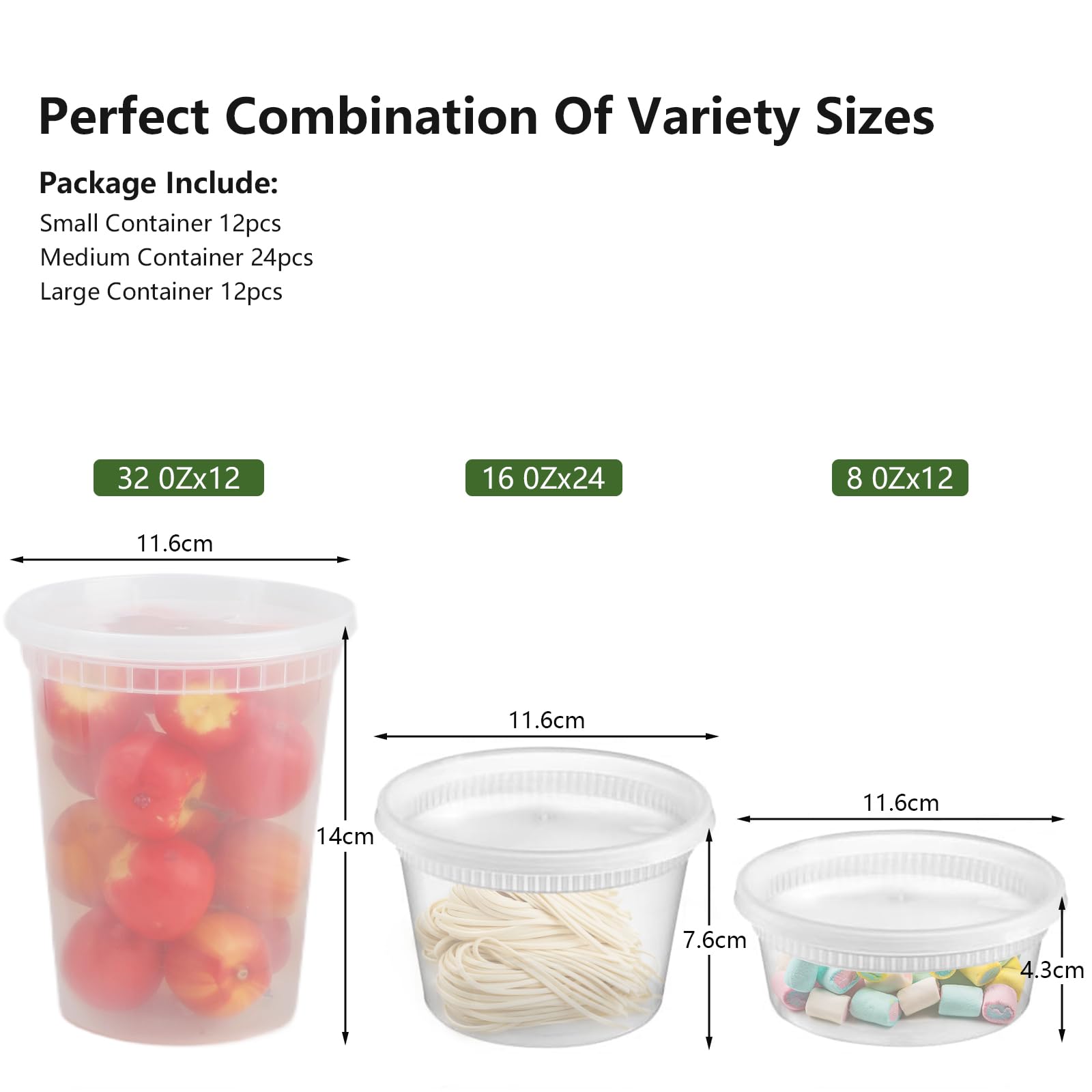 Cozary Pojemniki na żywność z pokrywkami 48 sztuk, hermetyczne pojemniki na żywność 12-32 oz i 24-16 oz i 12-8 uncji, plastikowe kubki do przechowywania żywności - bezpieczne w kuchence mikrofalowej i
