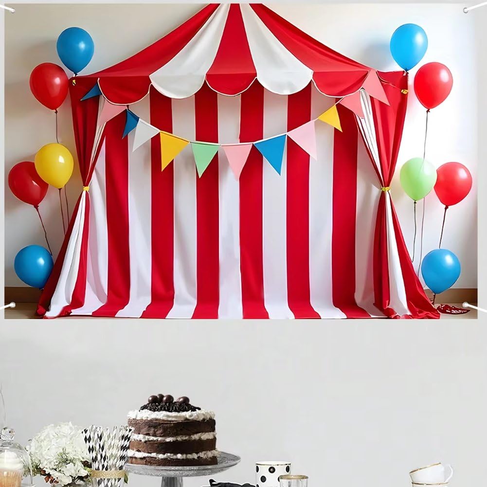 Lot de 4 jupes de table à rayures rouges et blanches sur le thème du cirque - Jupe de table de carnaval - Décoration pour dîner de famille, fête d' anniversaire - 415