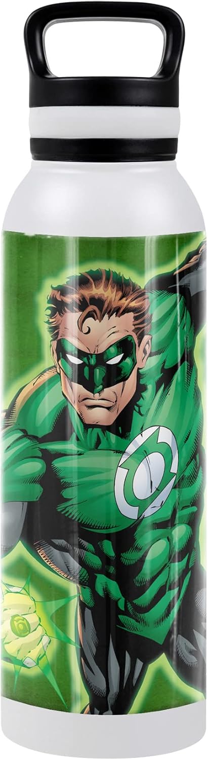 Green Lantern OFFICIAL Green Lantern Character Pattern 24 oz Insulated Canteen Water Bottle, Leak Resistant, Vacuum Insulated Stainless Steel with Loop Cap, White
