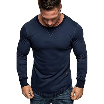 Maiyifu-GJ Mens Long Sleeve Muscle Fitted T-Shirt Gym Workout Athletic Stretch Shirts Crew Neck Bodybuilding Training Top Dark Blue,Large
