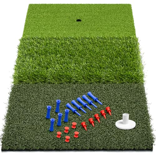 SAPLIZE Golf Hitting Mat 30” x 15”, Foldable 3-in-1 Tri-Turf Practice Mat with Built-in Rubber Tee, Fairway/Rough/Tight Lie for Driving, Chipping & Indoor Outdoor Training