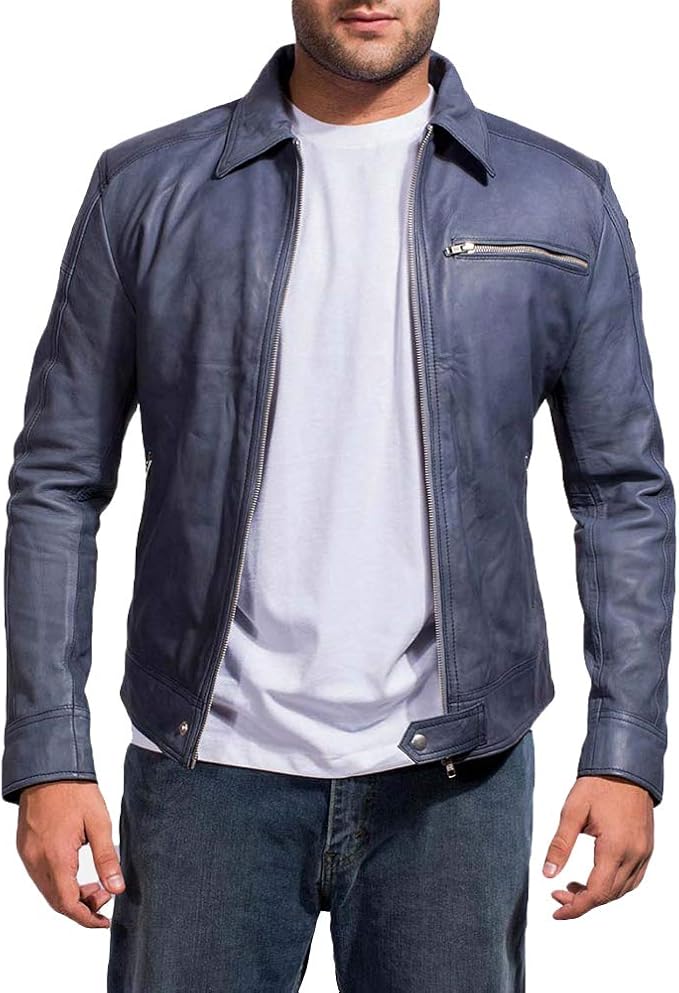 blue leather jacket