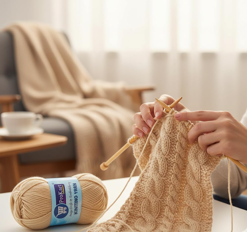 Image of ProKart Premium Woolen 4 ply Hand Knitting Wool Yarn | Fine Weight Knitted and Crocheted Soft Yarn for Sweater, Scarf, Hat, Baby Clothes, Baby Sports, Purse, Gift Bags & DIY Craft Accessories Projects (1 Ball /100 Gram Each) (Light Beige, 100gms x 2 Pack)