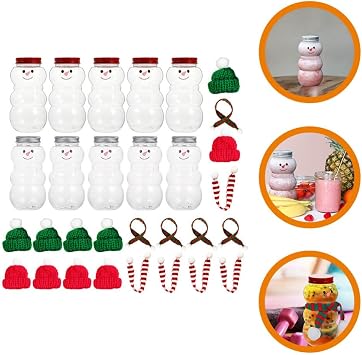 HOMSFOU 10sets Snowman Juice Bottles with Miniature Hats and Scarves Reusable Beverage Containers for Christmas Parties Capacity for Juicing Milk and More