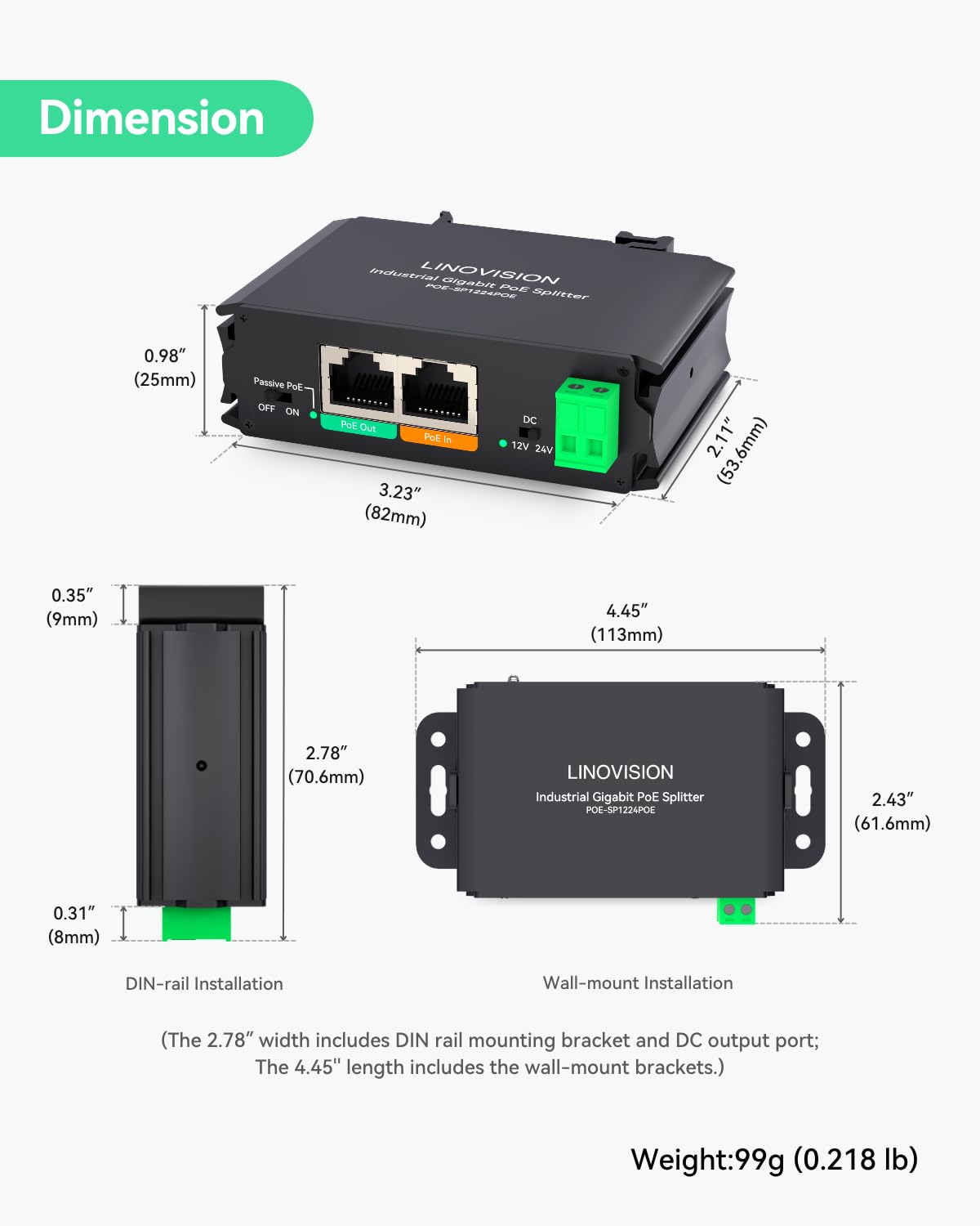 LINOVISION Industrieller Gigabit 30W PoE Splitter mit DC12V-Ausgang und 12V Passiv-PoE-Ausgang, geeignet für Kameras und IoT Systeme