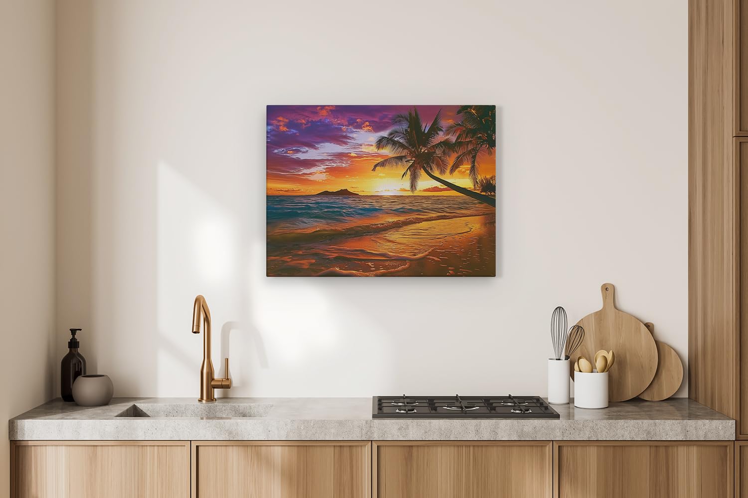 Artaza Leinwand Bilder Sonnenuntergang Strand - 80x60 cm - Wanddeko Meer - Wandbilder Palme Karibik - Deko Wohnzimmer