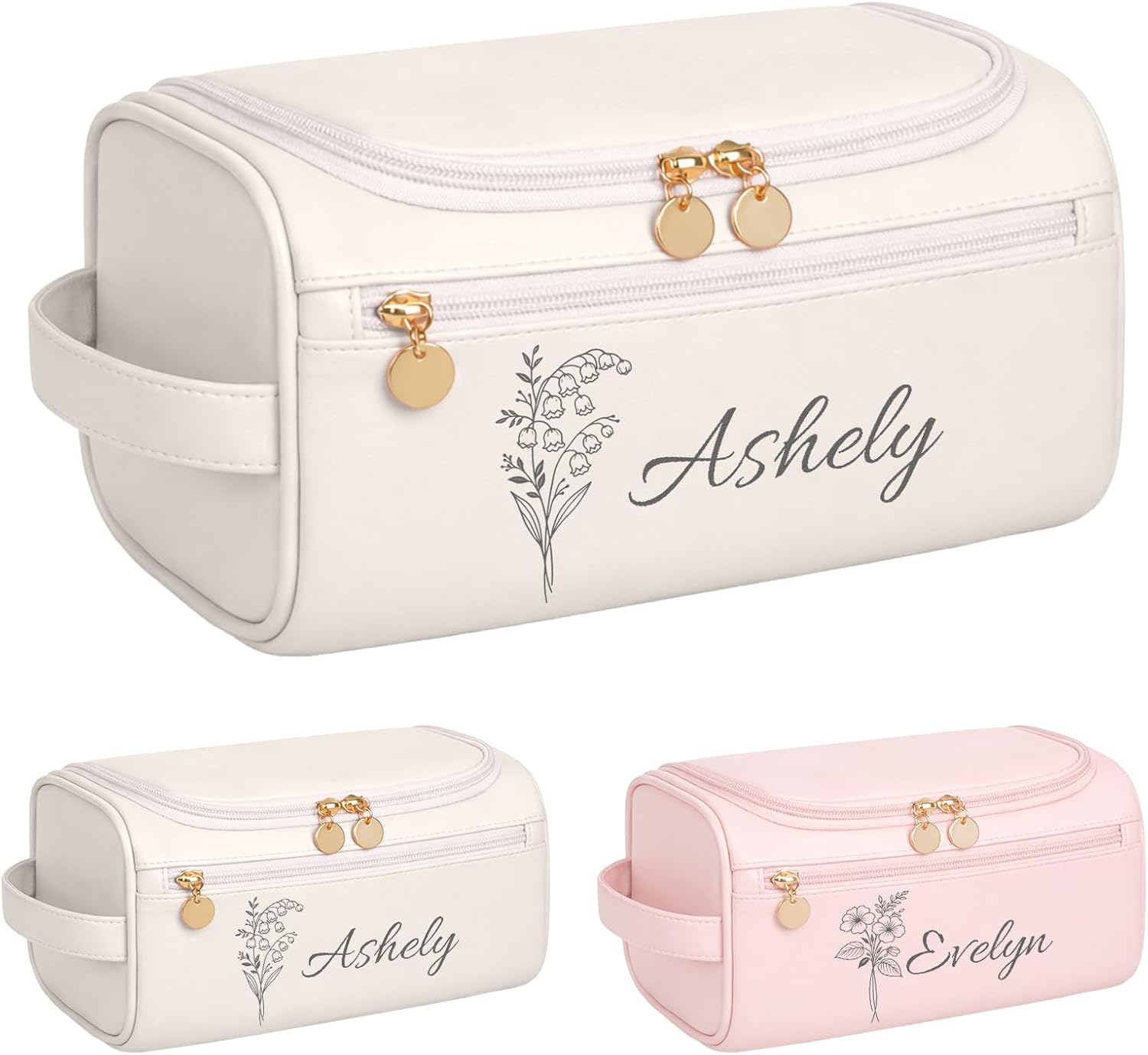 Personalized Makeup Bag for Bridesmaid Gifts, Customizable Name & Birth Flower, Personalized Gifts for Women Mothers Day Birthday, Large Capacity Travel Toiletry Cosmetic Bag with Hooks