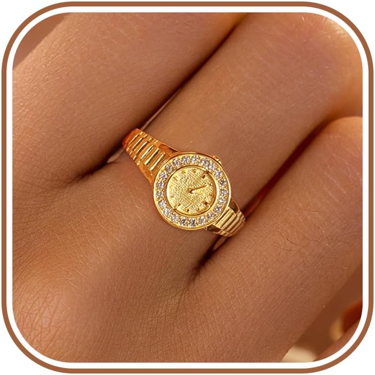 LOVECOM 14k Gold Plated Watch Clock Finger Rings for Women 925 Sterling Silver Watches Adjustable Knuckle Ring Statement Stacking Eternity Ring Jewelry Birthday Gifts for Mom Daughter Friends