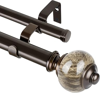 KAMANINA 1 Inch Double Curtain Rod 36 to 72 Inches 3-6ft Bronze Telescoping Curtain Rods for Windows, Heavy Duty Dual Drapery Rods with Marbled Finials