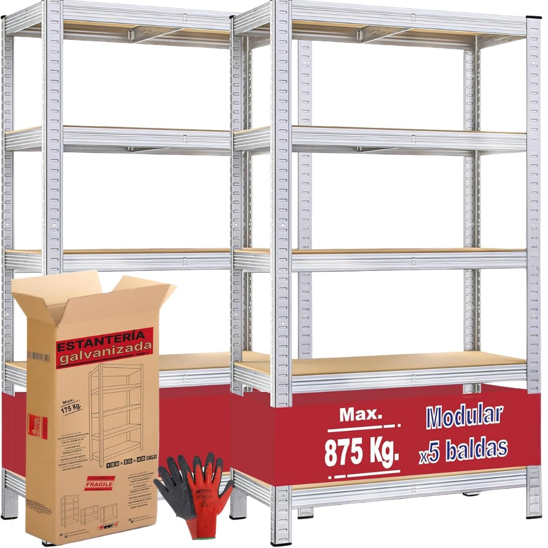 Pack de 2 Estanterías Pared metálica galvanizada 180x90x40cm, librería para almacenaje. Modular 5 estantes.Mesa de Trabajo. Armario para ordenar Taller mecánico, Garaje, Cocina, despensa, baño