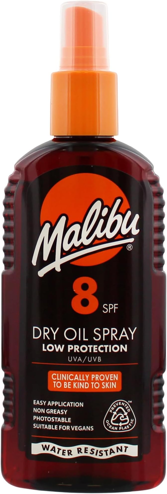 Malibu Sun SPF 8 Non-Greasy Dry Oil Spray for Tanning with Shea Butter Extract, Low Protection, Water Resistant, 200ml
