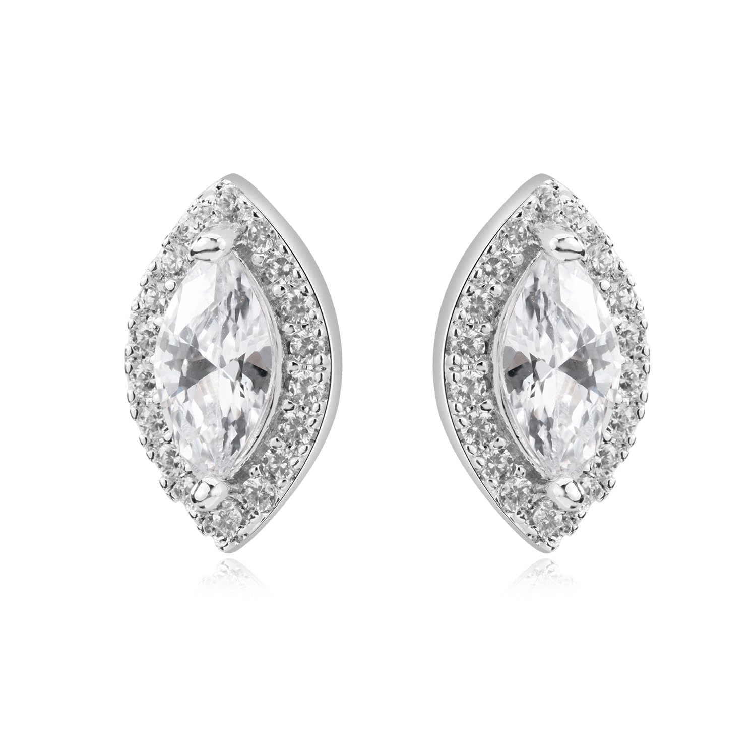 MISS JO 92.5 Sterling Silver Mesmerising Marquise Halo Earrings, Marquise Cut Solitaires, Elegant Whites Collection, Wedding Gift for Women, BIS Hallmarked