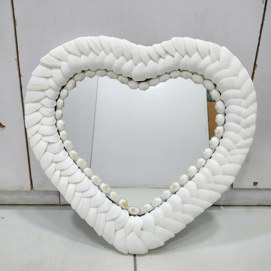 Handmade Seashell Heart-Shaped Wall Mirror, Coastal Boho Decor, White Seashell Frame-image-3