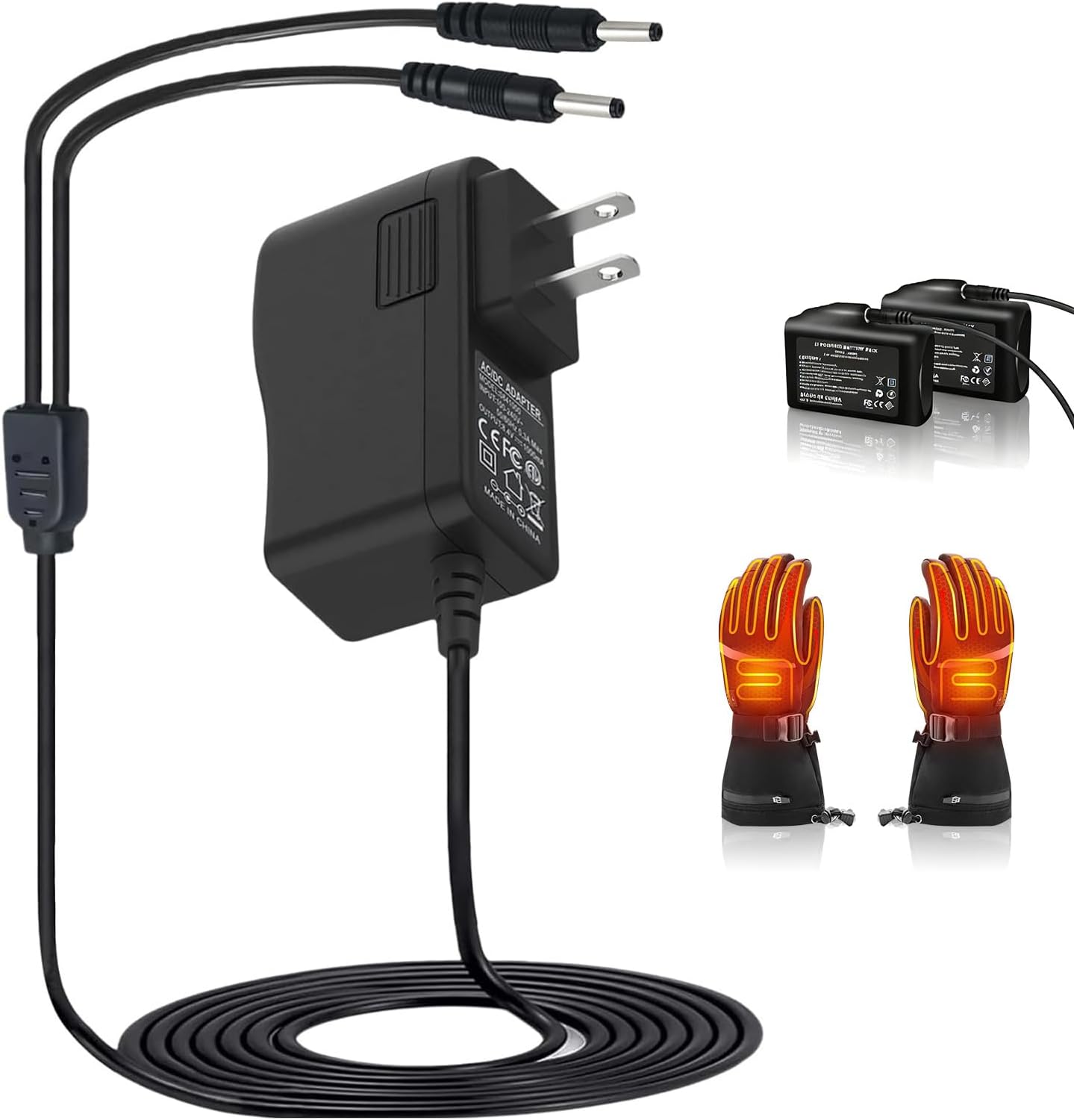 8.4V Heated Gloves Charger for Savior, Snow Deer, Sun Will Heated Gloves Socks Hats Vest Mittens Heating Pad Dual Port Charger Compatible with 7.4V SWB01 SWB03 Rechargable Lithium Polymer Batteries