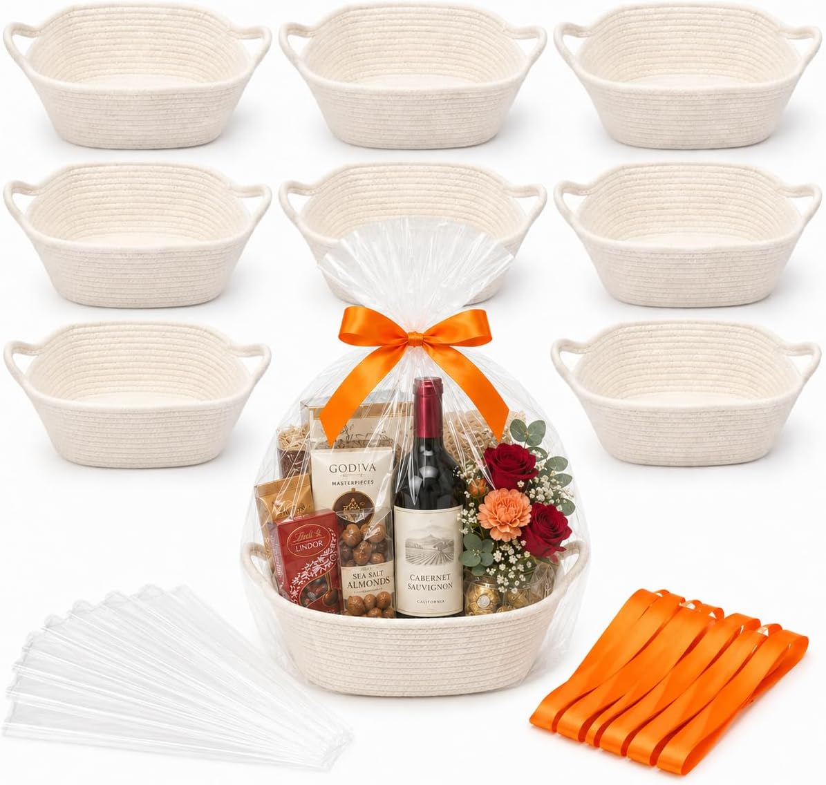 9Pcs Baskets for Gifts Empty with Gift Bags and Ribbons, Small Cute Woven Cotton Rope Basket, for Easter Mother's Day, Baby Nursery Room Shelf Storage Toy Pet Organizer to Fill, White, 12 x 8 x 5 inch