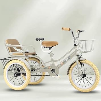 Tricycle for 3-11 Years Old Two Seater Children with Backrest with Cargo Basket for Women Men Suitable for Family with 2 Children Two Seater Tricycle Anti-Slip Tire 14 Inch, Gray