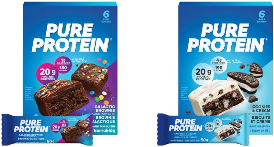 Pure Protein Bundle: Galactic Brownie (Pack of 6) + Cookies & Cream (Pack of 6) - Nutritious, Gluten Free bars, made with Whey protein blend. Deliciously satisfying. Made in Canada