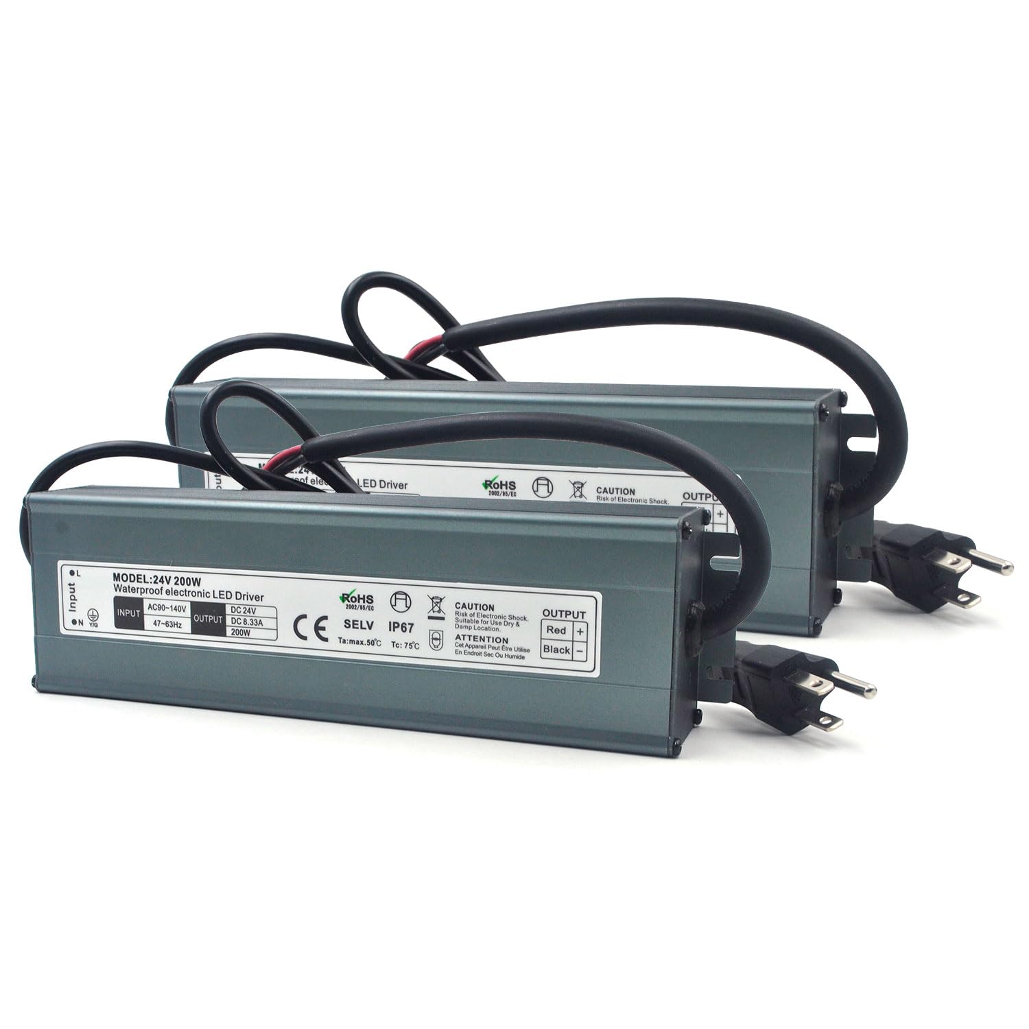 2 Pack LED Driver 24V 200W Waterproof IP67 Power Supply Transformer, 90-140V AC to 24V DC Low Voltage Output, LED Transformer with 3-Prong Plug Cable for LED Light, Computer Project, Outdoor Light