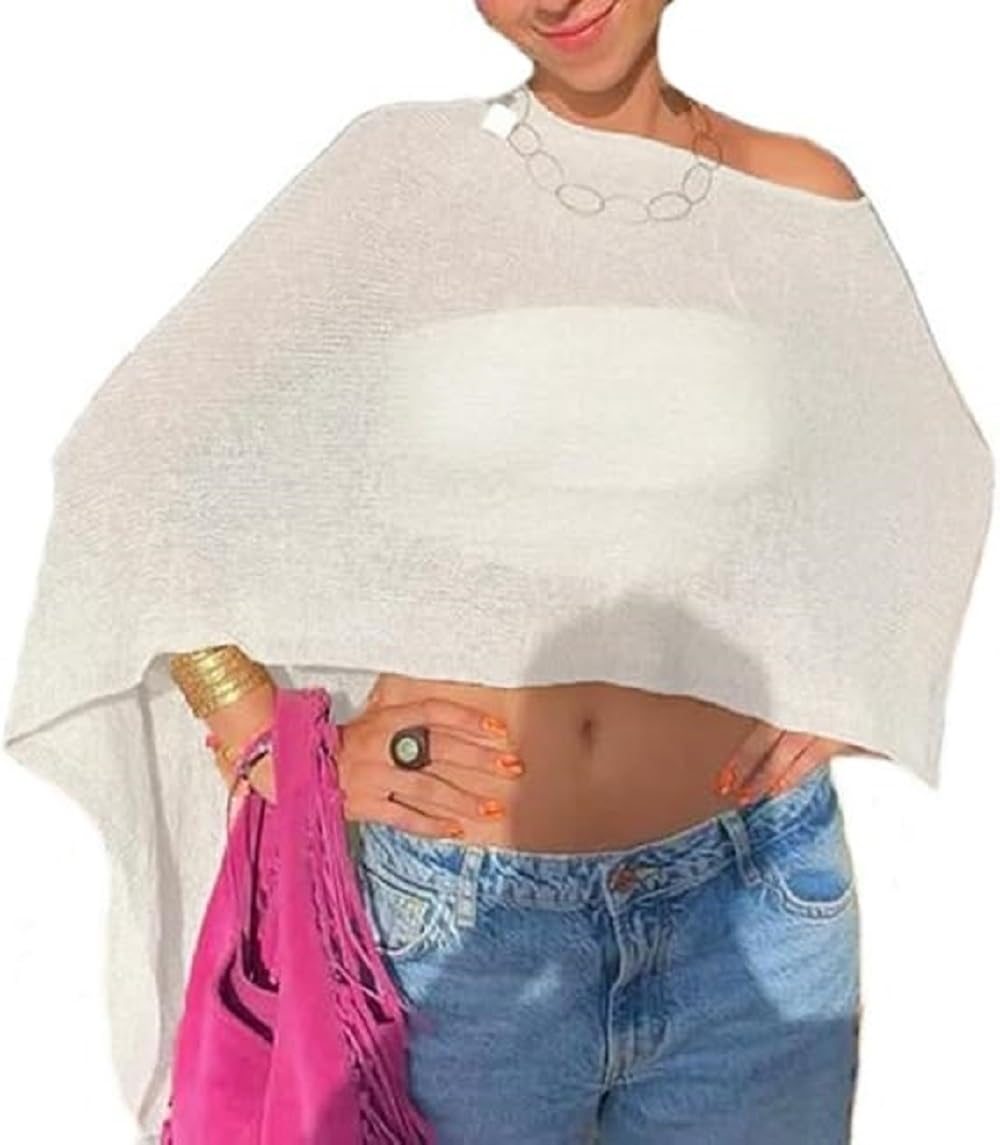 Womens Sheer Mesh Crochet Knit Bolero Asymmetric One Shoulder Pullover Overlay Phncho Top-image-2