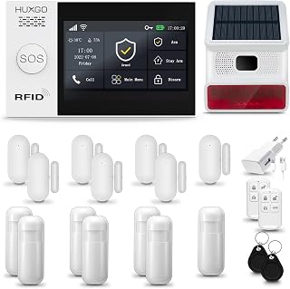 HXA007 Alarmanlage Haus WiFi + GSM 4G mit Solar Funk Sirene | Alarmanlage Wohnung mit App. TUYA | Alarm System mit 7X Bewegungsmelder, 7X Tür- Fenstersensor| Wohnmobil Alarmanlage