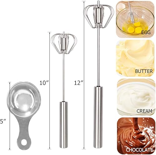 Miniatura 2 de Batidores de acero inoxidable, 2 piezas de 10 pulgadas/12 pulgadas, batidor de huevo de mano, no eléctrico, fácil batidor solo con presionar y batir