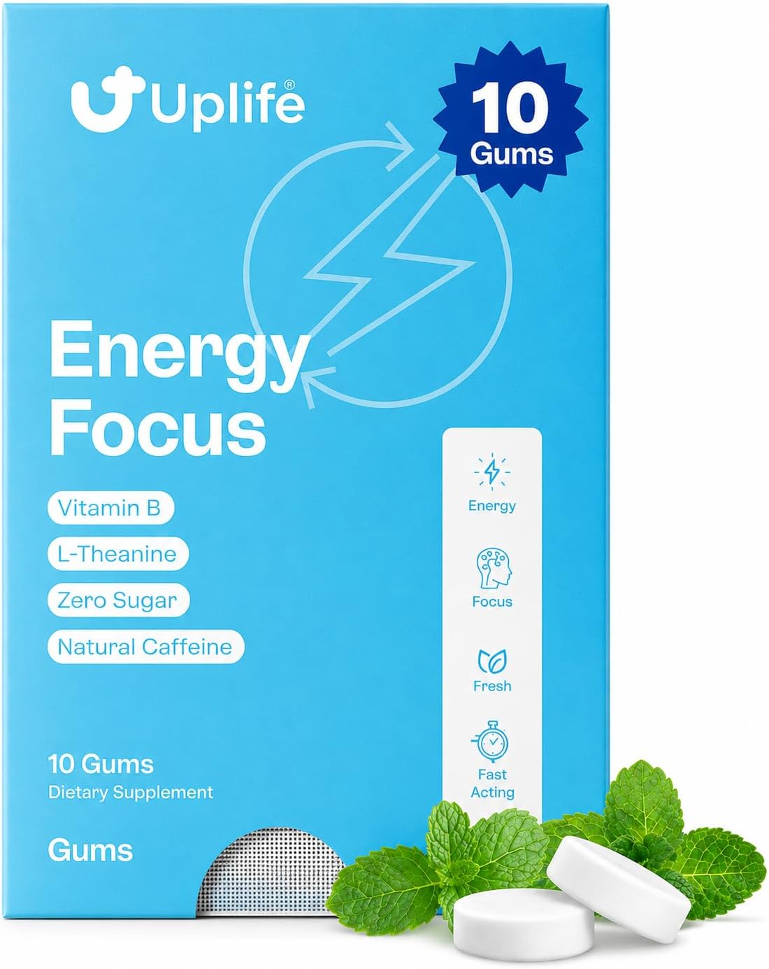 UPLIFE Energy and Focus Gum 10 Pcs – Made in USA - 40mg Nootropic Natural Caffeine + 80mg L-Theanine + Niacin Vitamin B3 & B12 – Sugar-Free, Vegan – Natural Coffee Alternative - Peppermint Flavor