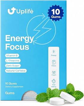 UPLIFE Energy and Focus Gum 10 Pcs Made in USA - 40mg Nootropic Natural Caffeine + 80mg L-Theanine + Niacin Vitamin B3 & B12 Sugar-Free, Vegan Natural Coffee Alternative - Peppermint Flavor
