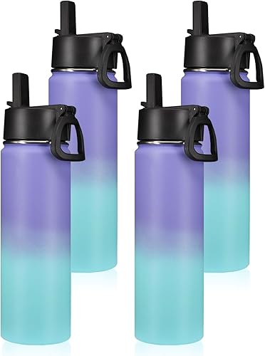 Miniatura 18 de Neihepal Botella de agua aislada de 22 onzas con tapa con popote, botellas de agua de acero inoxidable al vacío de doble pared a prueba de fugas,