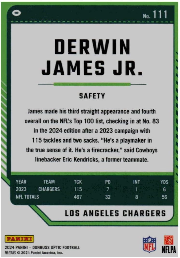 2024 Donruss Optic #111 Derwin James Jr. Los Angeles Chargers Official Football Card in Raw (NM or Better) Condition image 2