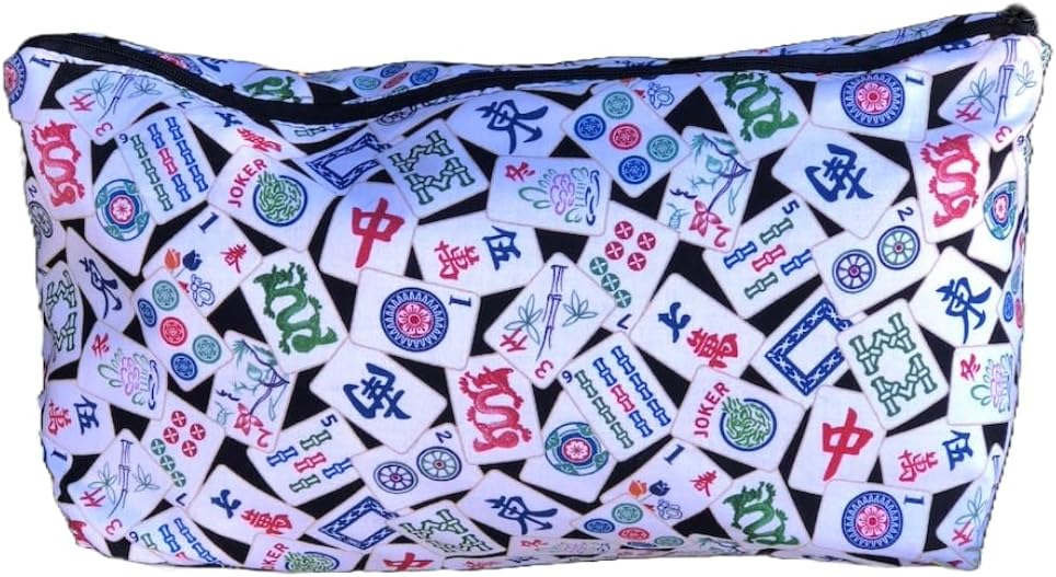 Flat Bottom Storage Bag for Standard Sized Mahjong Tiles, White Mahjong Tiles on Black, The Large Zini