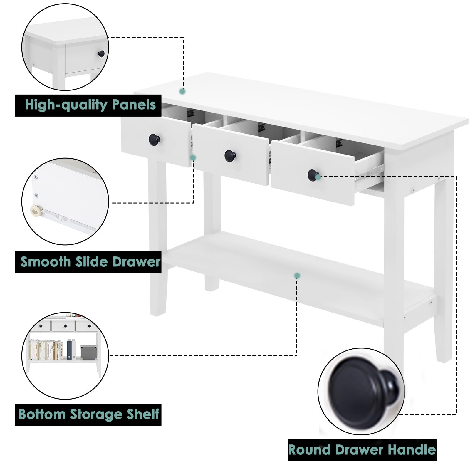 SogesHome Kosole - Mesa auxiliar clásica para pasillo, color blanco con cajones y estante abierto para almacenamiento