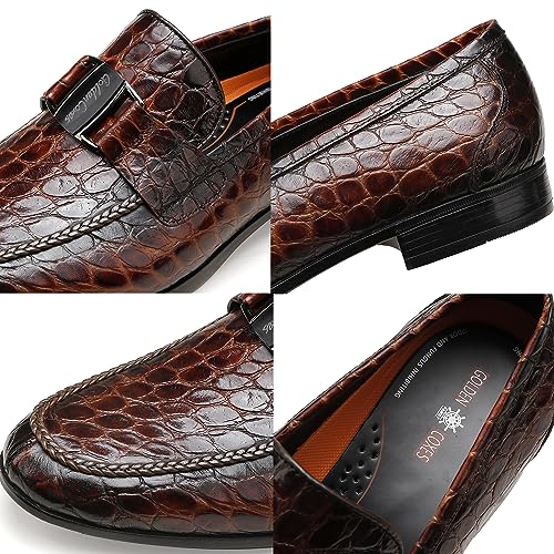 Image of Mens Leather Penny Loafers, Classic Crocodile Printed Business Dress Shoes with Metal Buckle Slip on Penny Shoes for Mens