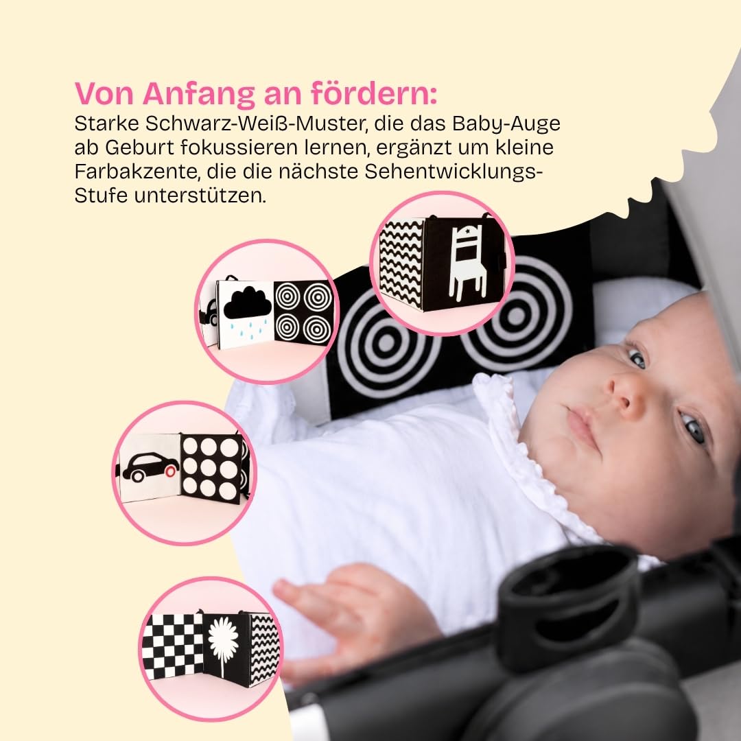 Jolly Designs Black & White Jumbo – Kontrastbuch ab Geburt, Schwarz-Weiß-Buch für Babys, 10 Seiten mit starken Kontrasten & Farbakzenten, Stoffbuch für visuelle Wahrnehmung, 20 × 20 cm