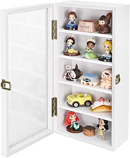 Ikee Design Wall Mounted Wooden Collectible Shadow Box Display Case 5 Shelf Display Shot Glass Storage Accessories with Tempered Glass Door, Wash White Color